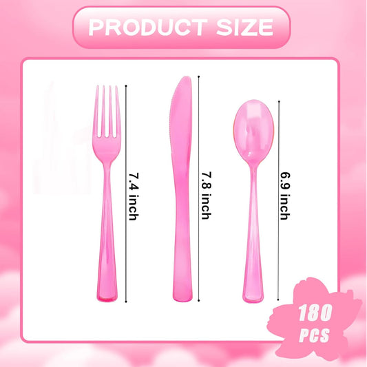 WDF 180 Pieces Pink Plastic Silverware Disposable - Clear Pink Cutlery Sets 60 Forks, 60 Knives and 60 Spoons - Heavy Duty Disposable Utensils for Wedding, Party