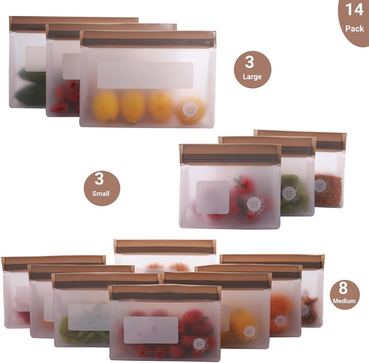 Reusable Food Storage Bags – 14-Pack Stand-Up, BPA-Free, Freezer, Dishwasher Safe & Eco-Friendly – 3 L, 8 M, 3 S Bags – Airtight Leakproof, Sandwich, Snack, and Meal Prep Baggies (Grey)