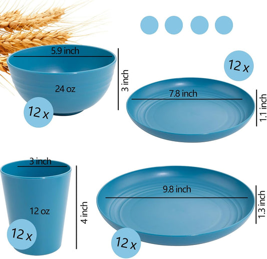 LIYH 48 Pcs Blue Plastic Wheat Straw Dinnerware, Plates and Bowls Set, Camping Dish Set for 12, Dishwasher Safe Dinnerware Sets, Unbreakable Plastic, Camper Dish Sets