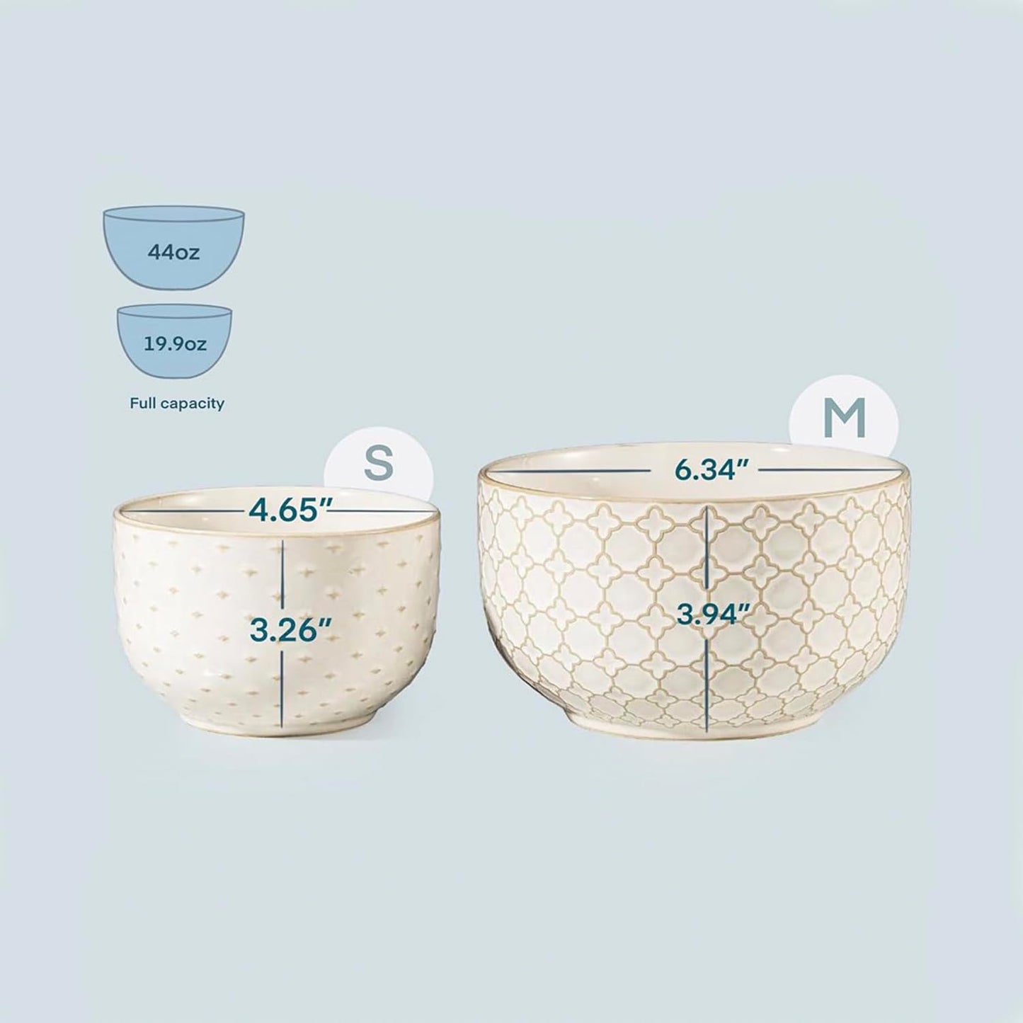 Mikiegy Ceramic Mixing Bowls Set of 4, Nesting Ceramic Embossment Stoneware Mixing Bowls for Cooking, Serving, Popcorn, Salad etc, Microwave & Dishwasher Safe, 20/44/98/145 oz, Off-White