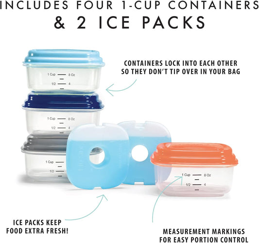 Fit & Fresh Small Plastic Containers With Lids 8 oz, Small Snack Containers With Lids, Reusable Leakproof Dressing and Condiment Containers With Two Attachable Ice Packs, 4PK, Light