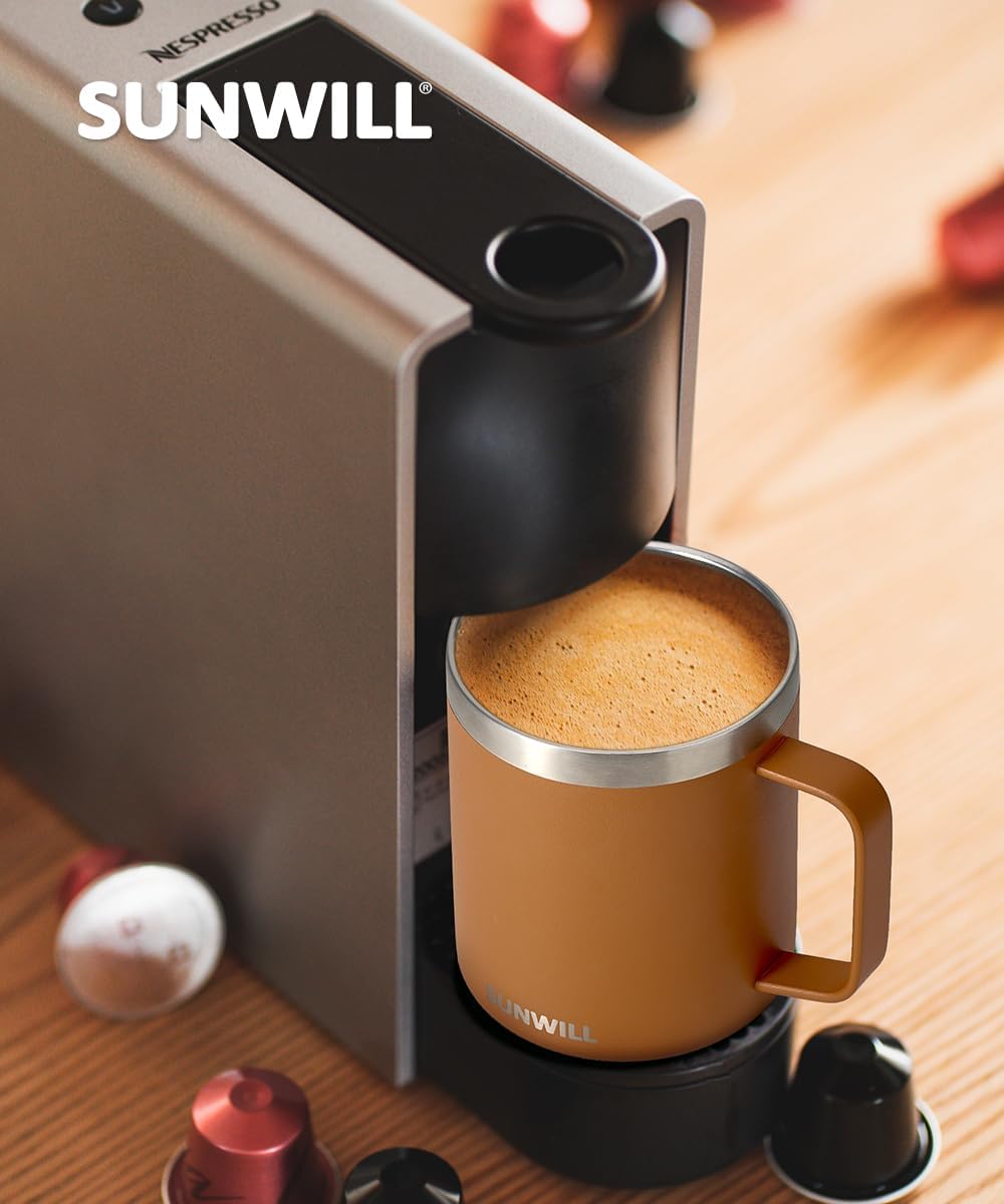 SUNWILL Insulated Coffee Mug with Lid, Travel Tumbler with Handle, 14 oz Stainless Steel Cup for Camping, Office, Home, Powder Coated Caramel