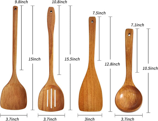 Wooden Spatula,Slotted Turner,Soup Ladle,Long Handle Utensils Set,Handmade for Kitchen Cookware (Wooden Utensil 4 Sets)