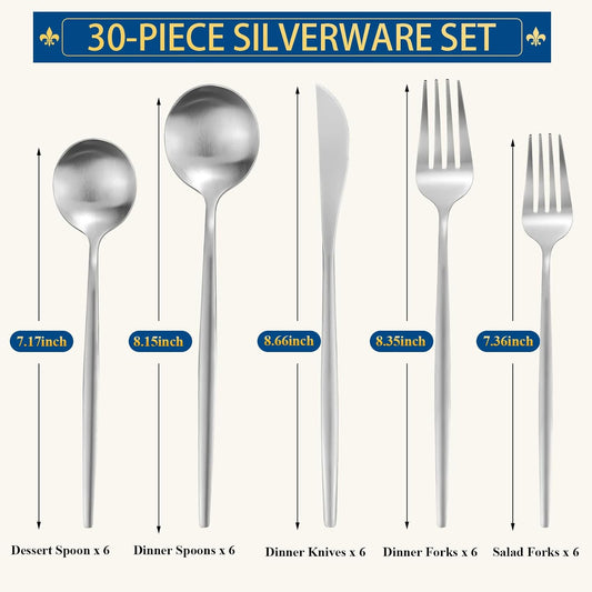 Silverware Set for 6, 30 Piece Flatware Set, Cutlery Tableware set Include Spoons And Forks Set, Stainless Steel Utensil Set, Matte polished Finish, Dishwasher Safe