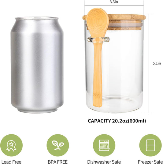 Airtight Food Storage Containers, Glass Canister With Wooden Spoon and Lids, 20 Oz Jars for Serving Bath Salt, Sugar, Spice, Coffee, Tea, Cereals, Condiment (2 Set)