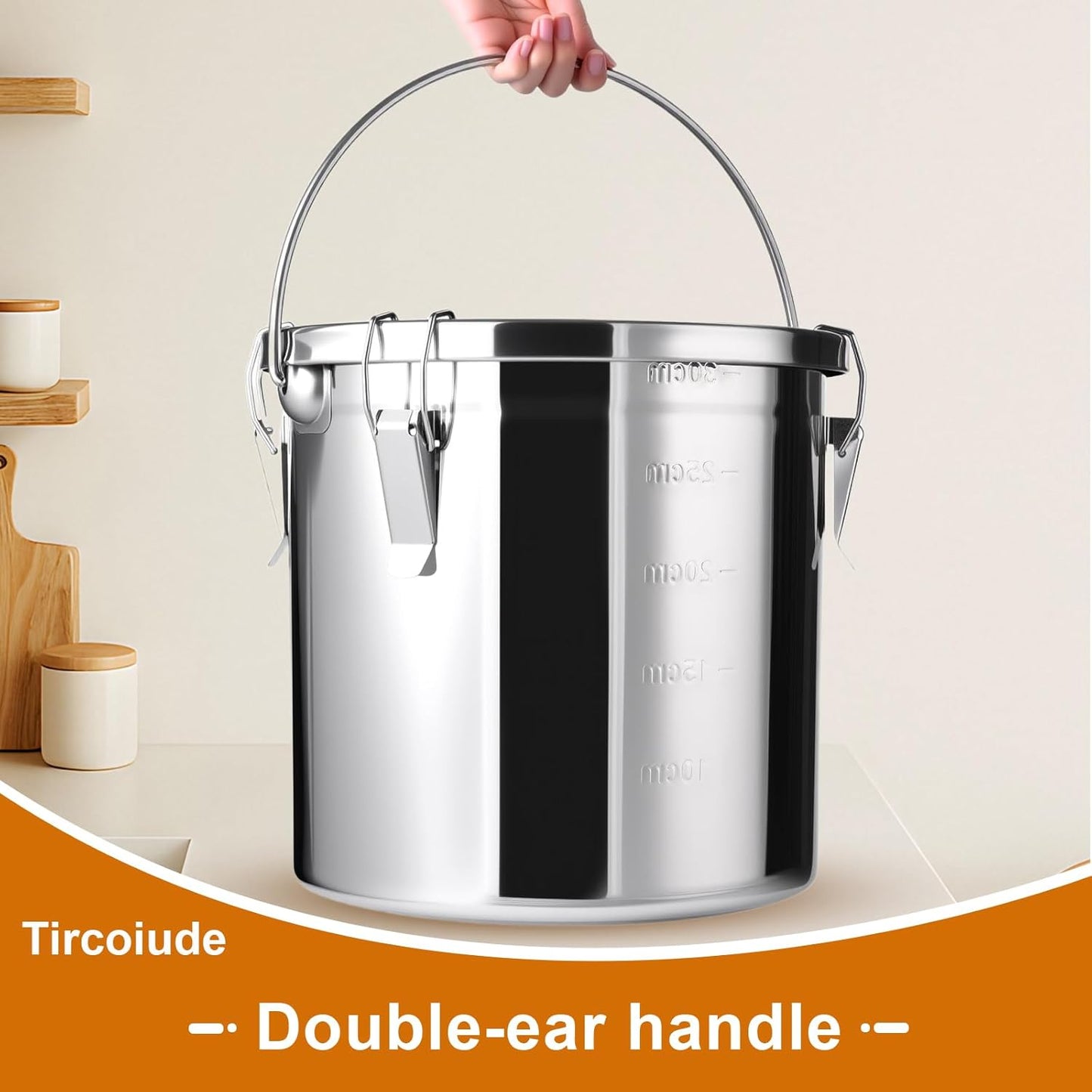 304 Stainless Steel Airtight Canister, 38 lbs Large Capacity Food Storage Containers with Lids and 4 Locking Clamp for Bean Flour Oil Sugar Milk Rice Container (Handheld) 21L/5.5 Gal