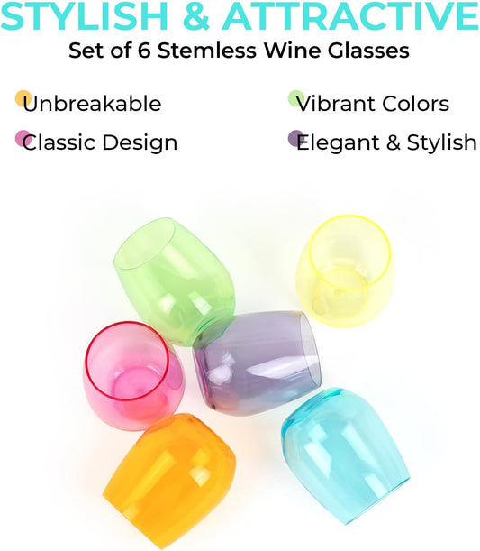 Acrylic Colored Wine Glasses Set of 6 BPA-Free Plastic, Tritan & acrylic Stemless wine glasses- Dishwasher Safe Unbreakable Glass for Indoor & Outdoor Plastic Glass for Wine & Water(Bright)