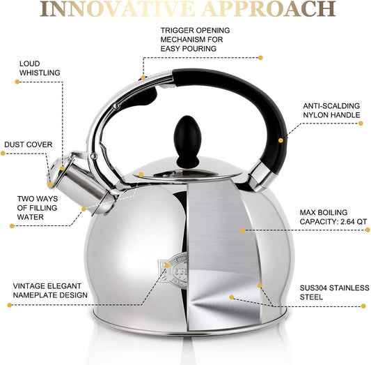 SUSTEAS Stove Top Whistling Tea Kettle - Food Grade Stainless Steel Teakettle Teapot with Cool Touch Ergonomic Handle, With 1 Silicone Pinch Mitt Included,2.64 Quart(SILVER)