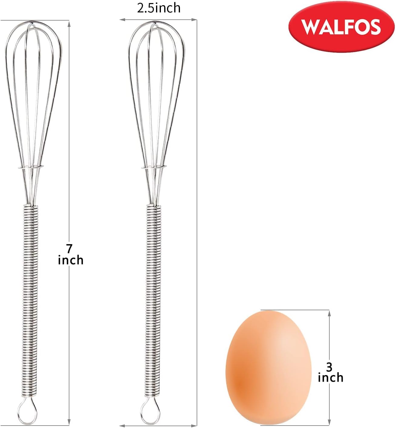 Walfos Mini Whisks Stainless Steel 6pcs; 7" - Small Whisk for Whisking, Beating Eggs, Mixing Sauces, Blending Ingredients
