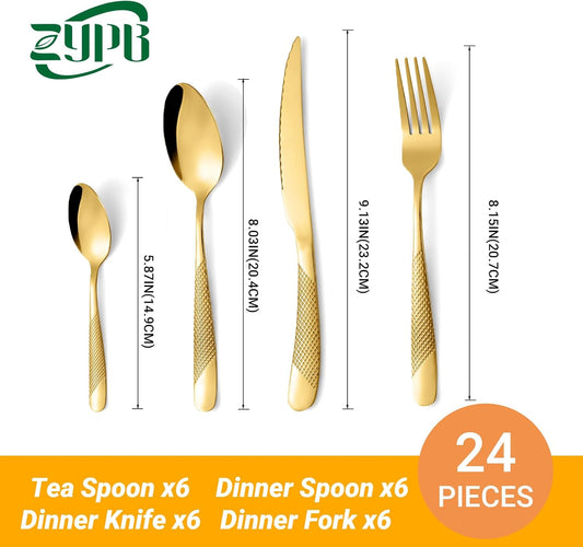 24-Piece Golden Hammered Silverware Set, Food-Grade Stainless Steel Flatware Service for 6, Modern Cutlery Utensil Set with Forks Knives Spoons, Mirror Polished, Dishwasher Safe for Kitchen Dining
