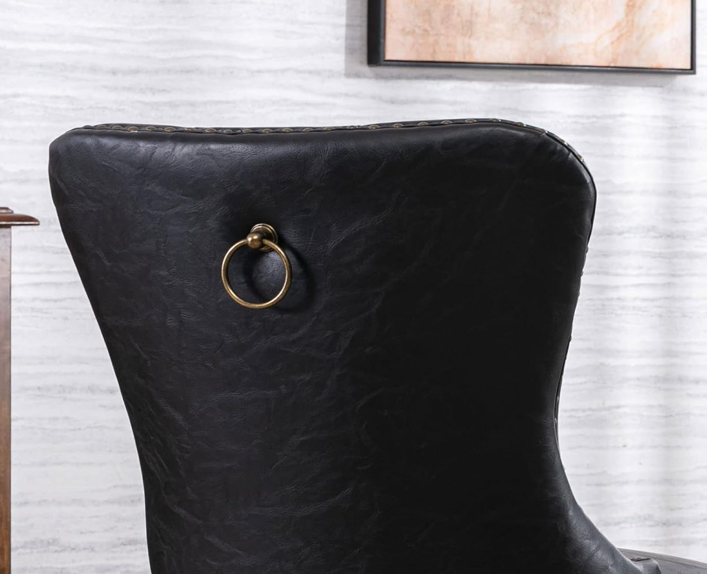 Black Leather Dining Chairs Set of 6 Mid Century Modern Tufted Chairs Armless Rubber Wood Vintage Furniture Chairs PU Upholstered Nailhead Side Chairs with Pull Ring for Kitchen/Cafe