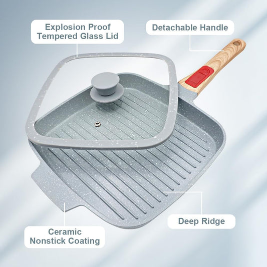 Nonstick Ceramic Griddle Pan with Lid, 10 Inch Steak Pan with Detachable Handle Induction Compatible, PFOA Free - Blue