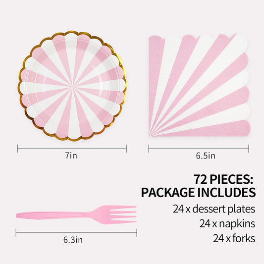 72PCS Pink Paper Plates and Napkins Party Supplies, Gold Foil Edge Scalloped Striped Plates Napkins Disposable Tableware Set for Birthday Wedding Baby Shower Party Decoration (Pink)