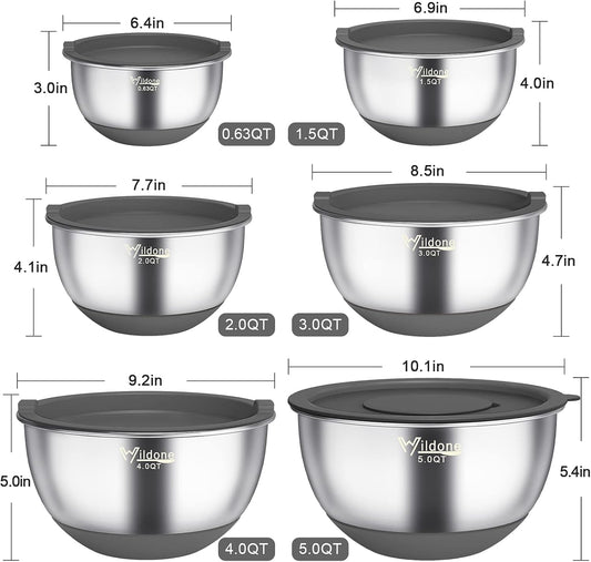 Wildone Mixing Bowls with Airtight Lids, 22 PCS Stainless Steel Mixing Bowls Set, 3 Grater Attachments, Measurement Marks & Non-Slip Bottom, Size 5, 4, 3, 2,1.5, 0.63QT, Ideal for Mixing & Prepping