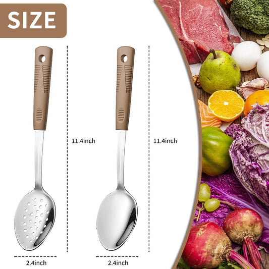 2-Piece,Stainless Steel Serving spoons set with Slotted Spoon.Serving Spoon and Perforated Spoon, kitchen cooking serving utensils set cooking spoon-brown