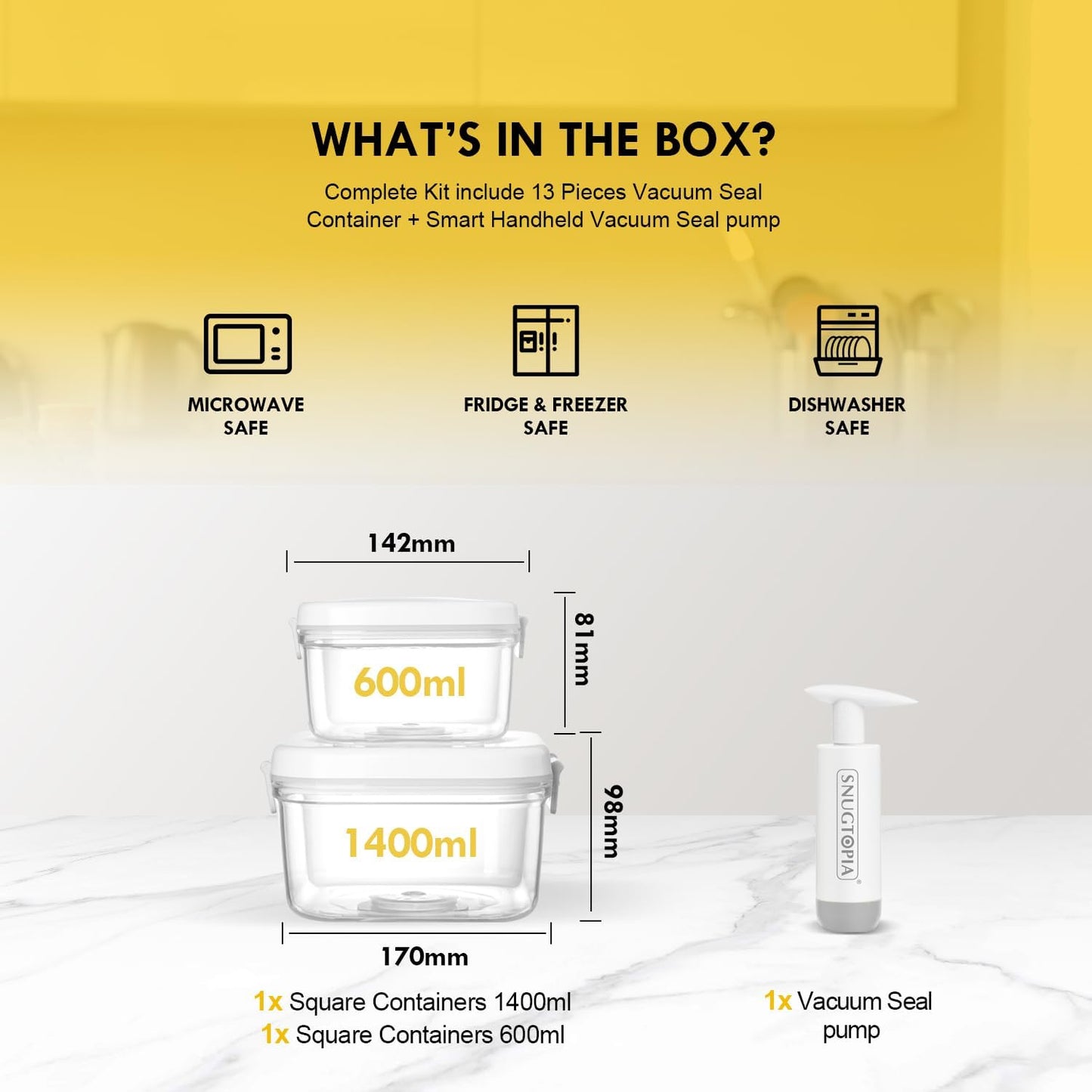 Vacuum Seal Food Storage Containers Set for Meal Pre, Snack, Veigges, Fruits - BPA-Free Kitchen Organizers with Lids, Suitable as Lunch box, Fridge & Dishwasher Safe - 0.6L+1.5L