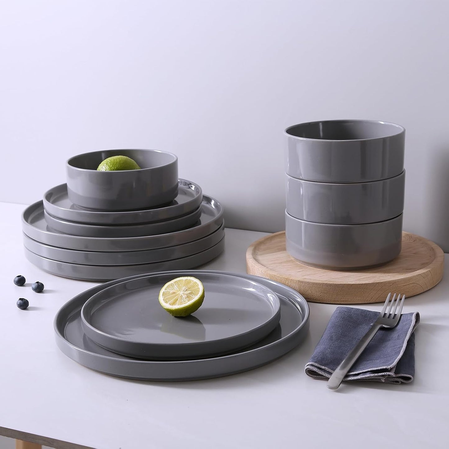 Famiware Nebula Plates and Bowls Set, 24 Pieces Dinnerware Sets, Dishes Set for 8, Dark Gray