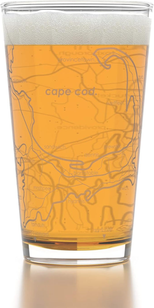 Well Told Engraved Cape Cod Massachusetts Map Pint Glass, Etched Beer Gift (16 oz, Clear) City Map Pint, Custom City Glassware, Gifts For Beer Lovers