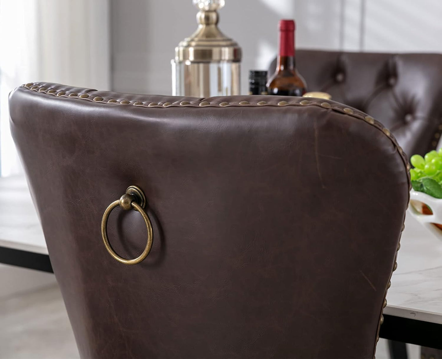 PU Leather Dining Chairs Set of 6 Mid Century Modern Tufted Chairs Armless Rubber Wood Vintage Chairs Upholstered Nailhead Side Chair for Kitchen/Cafe Decor Furniture, Coffee with Pull Ring