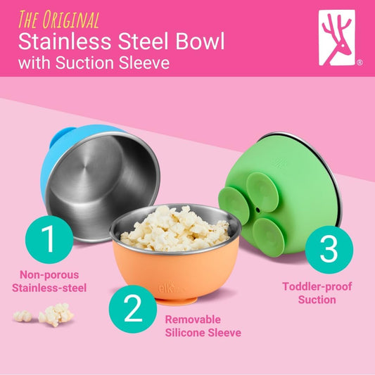 Elk and Friends Stainless Steel Bowls with Silicone Sleeve for Babies & Toddlers | Lids Included | Stay Put Suction | Cereal & Snack Bowls | 4 Pack