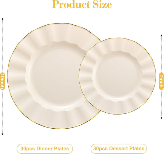 60Pcs Heavy Weight Ivory Plastic Plates with Gold Trim, Heavy Duty Wedding Plates, Elegant Disposable Plate Sets include 30 10" Dinner & 30 7" Dessert Plates for Party & Wedding(30 Guests)