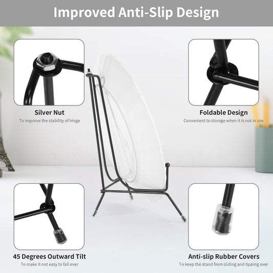 2 Pack Improved Anti-Slip Plate Stands, 8 Inch Black Iron Display Stands for Frames, Pictures, Books, Artworks