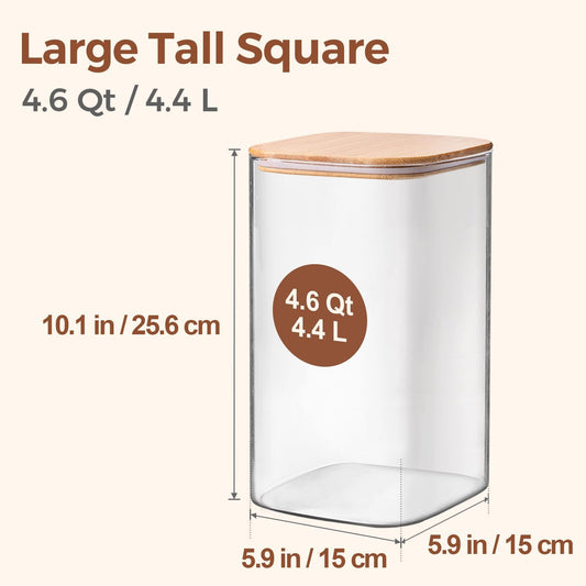 ComSaf 4.6Qt Glass Food Storage Containers, 1.2 Gallon Glass Flour and Sugar Containers with Airtight Lids, Large Square Jars with Bamboo Lids for Rice, Pasta, Oats, Grains, Cookies, Coffee Beans