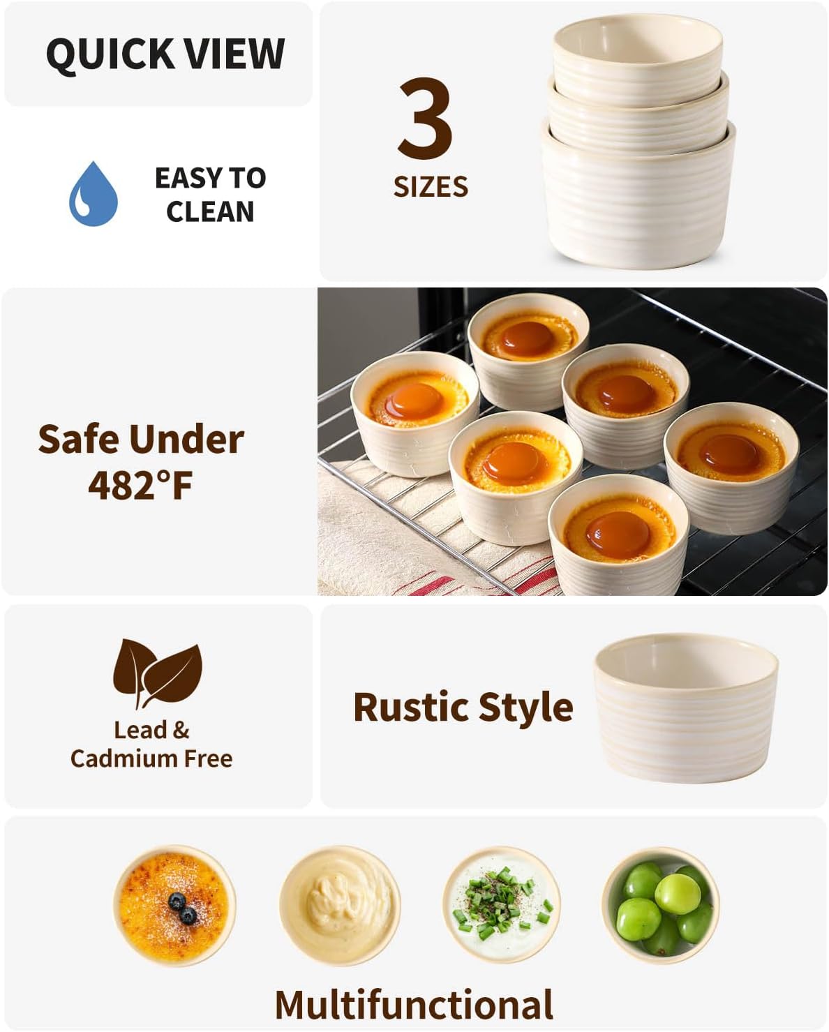 Hasense 4 oz Ramekins Oven Safe, Ceramic Creme Brulee Bowls Set of 6, Mini Baking Dishes for Souffle Pudding, Serving Dip, Custard, Ice Cream, Clay-Infused White