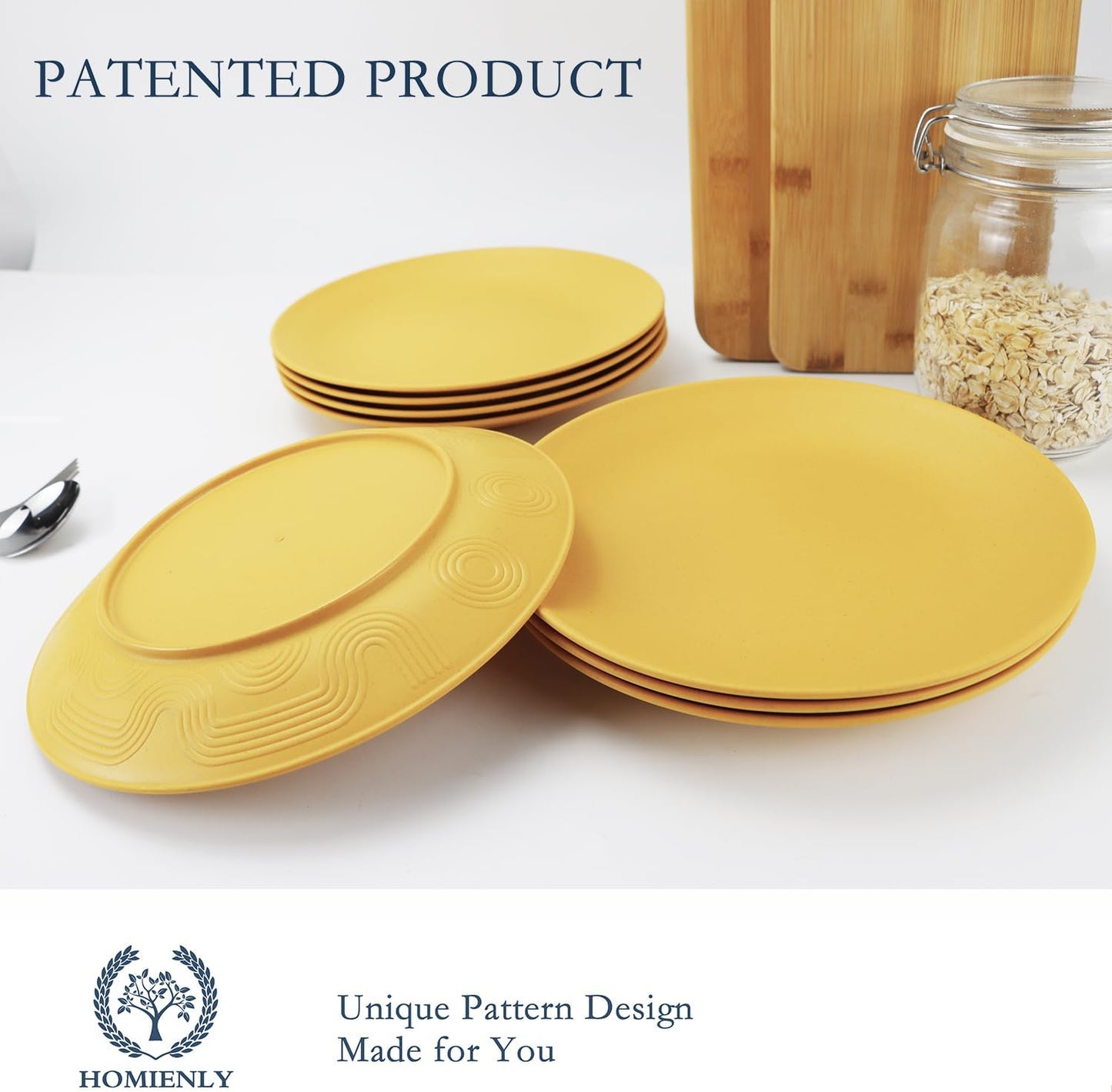 Homienly Flat Dinner Plates Set - 8 Microwave & Dishwasher Safe Wheat Straw Plates, Unbreakable, 9 inch Yellow