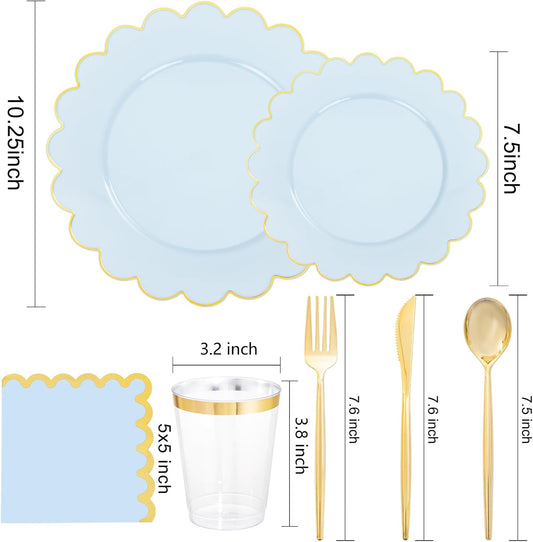 LIYH 210 Pcs Light Blue Plastic Dinnerware Set - Baby Blue Plastic Plates Napkins with Gold Foil Include Bridal Shower Plates Disposable Gold Silverware Napkins Cups for Birthday 30 Guests