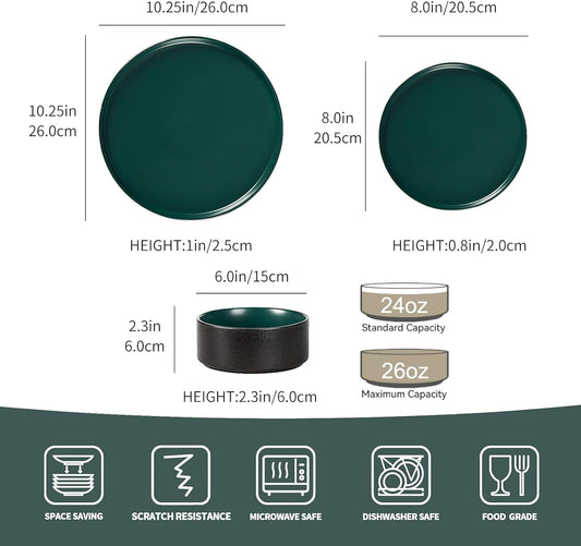 GZG Classic Series - Plates and Bowls Set for 6, 18 Piece Stoneware Dinnerware Sets, Microwave and Dishwasher Safe Lead-Free Handcrafted Ceramic Dishes Set - Malachite Green
