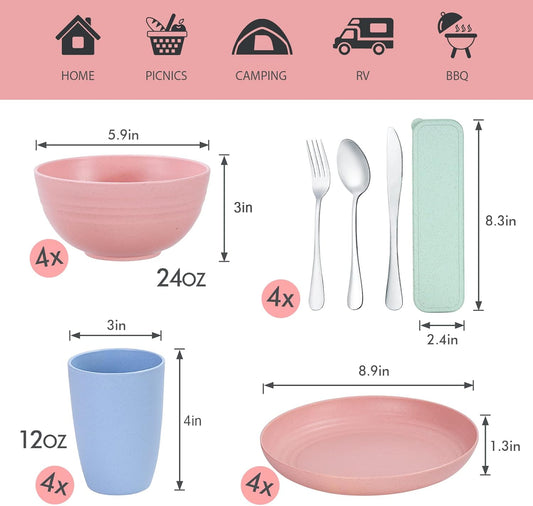 28PCS Kitchen Wheat Streaw Dinnerware Sets for 4, Wheat Straw Plates and Bowls Sets, College Dorm Dinnerware Dishes Set for 4 with Cutlery Set