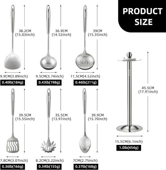 Cooking Utensils set, 18/8 Stainless Steel Kitchen Utensils set, 7 Pieces Cookware Set with Rotating Holder, Heat Resistant Stainless Steel Cooking Spoon(Dishwasher Safe)