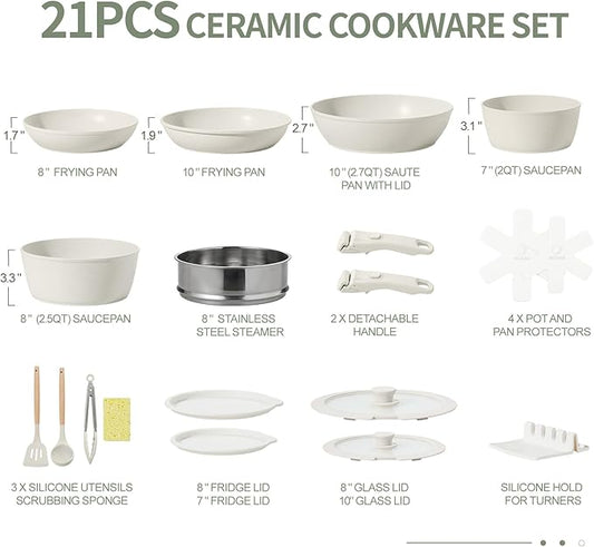 Nonstick Ceramic Cookware Set 21PCS with Detachable Handle, Pans and Pots Set, RV Kitchen Set Cookware Set, with Removable Handles, Oven Safe, Induction Ready, Stackable Non-stick Set
