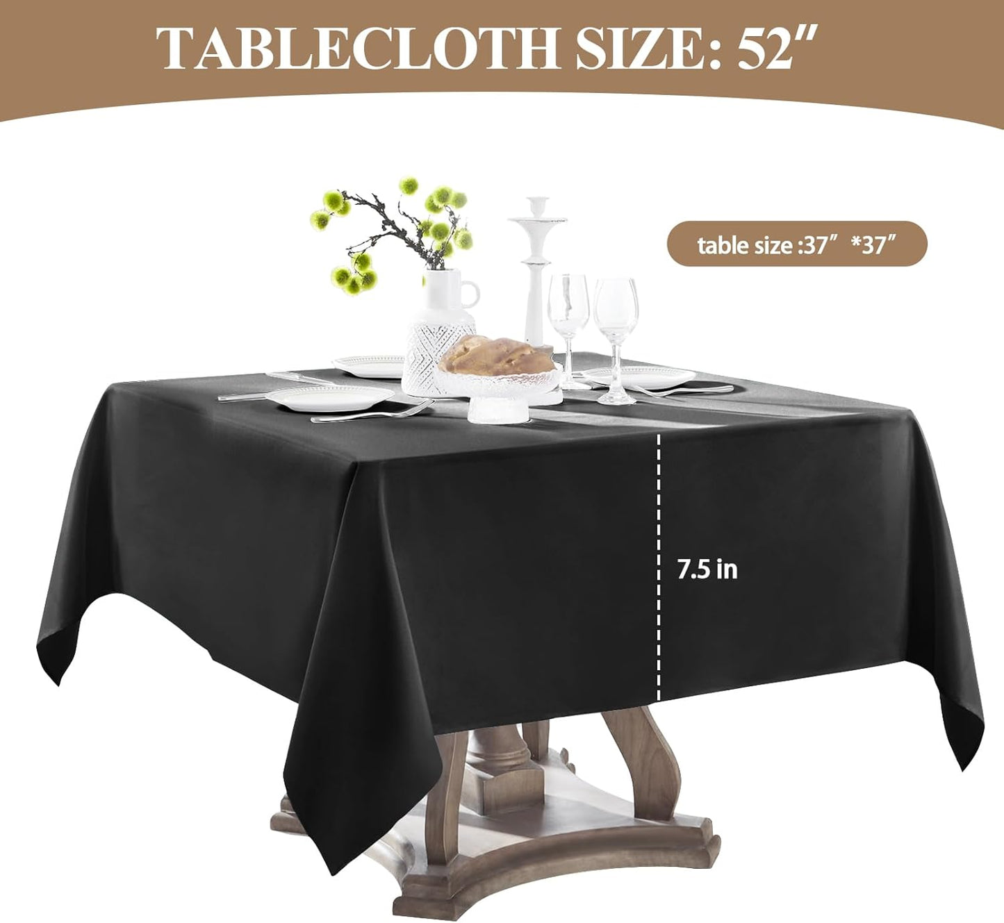Square Tablecloth 52 x 52 Inch Black Tablecloths Stain-Wrinkle Resistant Washable Polyester Table Cloths for Holiday, Buffet Parties,and Wedding