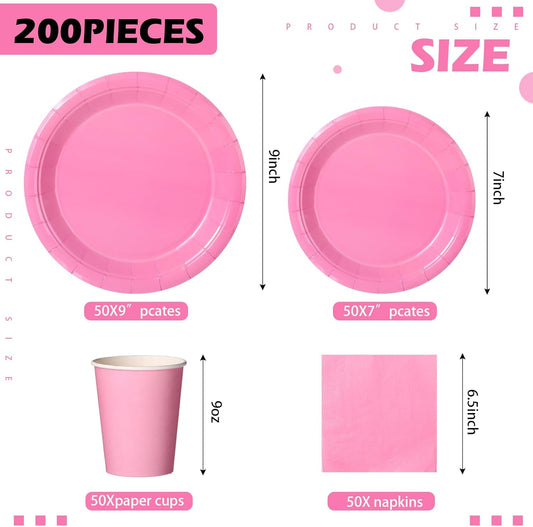 Tioncy 200 Pcs Disposable Paper Plates Cups and Napkins Party Supplies Serve 50 Guests Disposable Paper Dinnerware Set for Halloween Birthday Wedding Baby Shower Family Picnic(Pink)