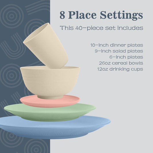 40 PCS Wheat Straw Dinnerware Sets | Service for 8, Unbreakable Plates and Bowls Sets - Dinner Plate, Cereal Bowl, Drinking Cups, Dishwasher & Microwave Safe for Kitchen, Camping,RV - Colorful