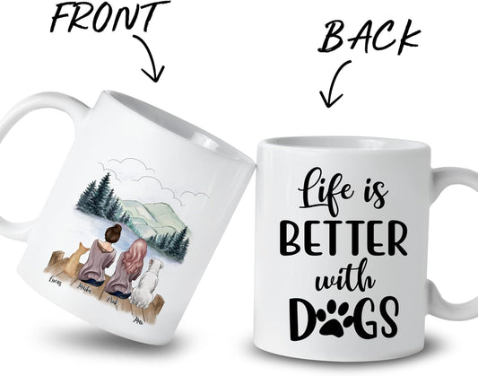 Gossby Personalized Dog Mug - Life is Better with Dogs (2 Girls - 2 Dogs) - 11oz, 15oz Custom Dog Mom Coffee Mugs - Dog Lover Gifts for Women Dog Mom Personalized with Female Characters, Dog Breeds