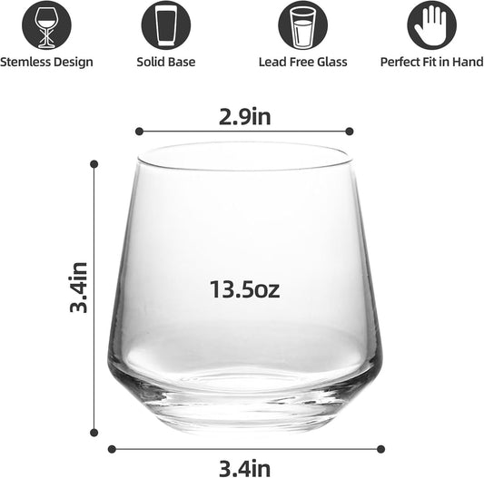 Stemless Wine Glasses Set of 6,13.5oz, Crystal Clear Red White Wine Glasses for Daily Use, Lead-free, Dishwasher Safe, Glasses Drinking Set, Ideal for Home Bar, Parties & Gifts