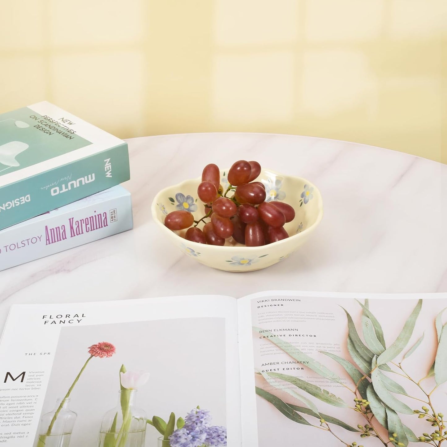 Koythin Salad Bowls Set of 2, Cute Blue Flower Ceramic Bowls, Cream Yellow Serving Bowl for Pasta, Cereal, Fruit, Soup, Rice, Dishwasher and Microwave Safe (Blue Flower Set of 2)