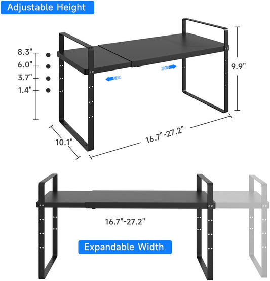 Expandable Cabinet Shelf Organizer, Stackable Kitchen Pantry Counter Storage, Adjustable Closet Cupboard Stand Rack Risers Spice Organization 80LBS Heavy Duty Black Large 2 Pack