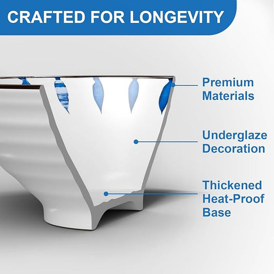 9.4Inch Ceramic Ramen Bowl Set of 2 (9 Piece) - Porcelain Japanese Salad Noodles Cereal Fruit Pasta Soup Large Bowls with Recipes Chopsticks Forks Spoons for Men Women Gift Microwave Dishwasher Safe