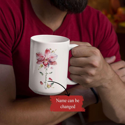 Novelty Coffee Cup With Orchid Design, Personalized Name Flower Accent Mug, Custom Orchid Flower Ceramic Cup 11oz 15oz, Customized Flower Lover Mug, Gift For Family Member