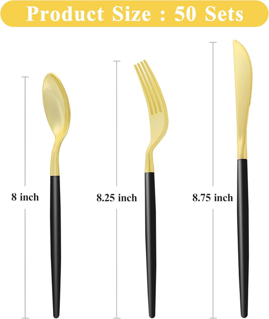150 PCS Black Gold Plastic Utensils for 50 Guests, Gold Disposable Silverware with 50 Knives, 50 Spoons and 50 Forks, BPA Free, Ideal for Weddings, Birthdays & Graduation
