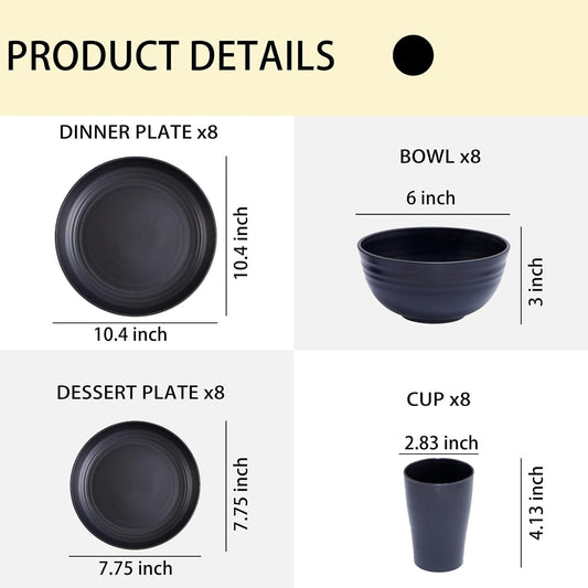 Supernal Wheat Straw Dinnerware Sets,Plates and Bowls Set, Dish Sets for 8, Unbreakable Plate for 8 Dishwasher Safe,Reusable Dinnerware Black-16pcs Plates, 8pcs Bowls, 8pcs Cups.