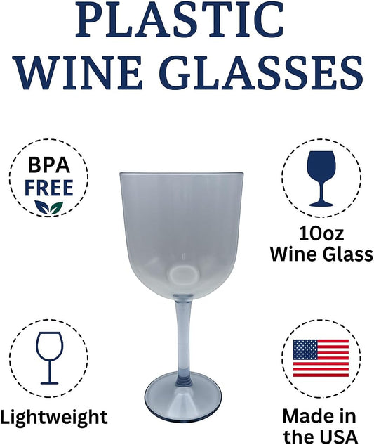 Party Outlaw Plastic Wine Glasses 4 Pc 10oz, Classic Wine Drinking Glasses, BPA-Free, Lightweight, Heavy Duty, Reusable, Shatter - Proof, Dishwasher Safe, Made in USA (Gray)