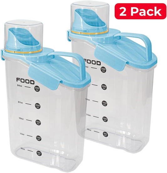 Two Pack Food & Cereal Storage Container - 2.6L Airtight Plastic Kitchen Organizer Bin with Pouring Spout, Measuring Cup Lid, Ideal for Dry Food, Rice, Sugar, Pet Food dispenser - BPA free (Blue)