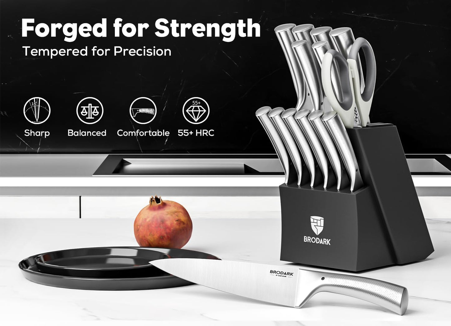 BRODARK Knife Block Set: Kitchen Knives Set with Block & Built-in Sharpener - 15 Pcs Ultra Sharp Chef knife – High Carbon Stainless Steel, Etched Handle – Ergonomic Non-Slip Grip, Silver Wolf Series