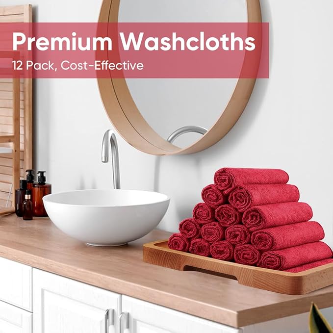 HOMEXCEL Red Microfiber Washcloths 12 Pack, Highly Absorbent and Soft Face Towel, Multi-Purpose Wash Cloths for Bathroom, Gym, Hotel, Spa and Kitchen,12x12 Inch