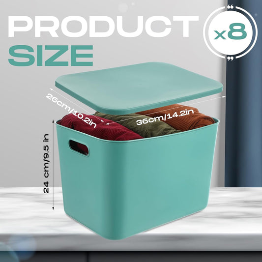 Hoolerry 8 Pieces Colorful Storage Bins with Lid, Plastic Storage Basket Organizing Container Stackable Box with Handle for Shelves Desktop Playroom Office(14.2 x 10.2 x 9.5 Inch,Green and Yellow)